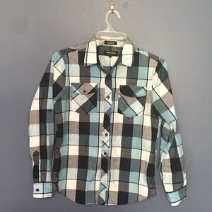 Mens / teens small Eighty Eight long sleeve button down shirt. Turquoise/black